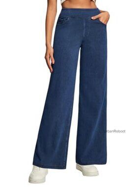 Wide Leg Stretchy Pull On Jeans for Women High Waist Tummy Control 5 Pockets